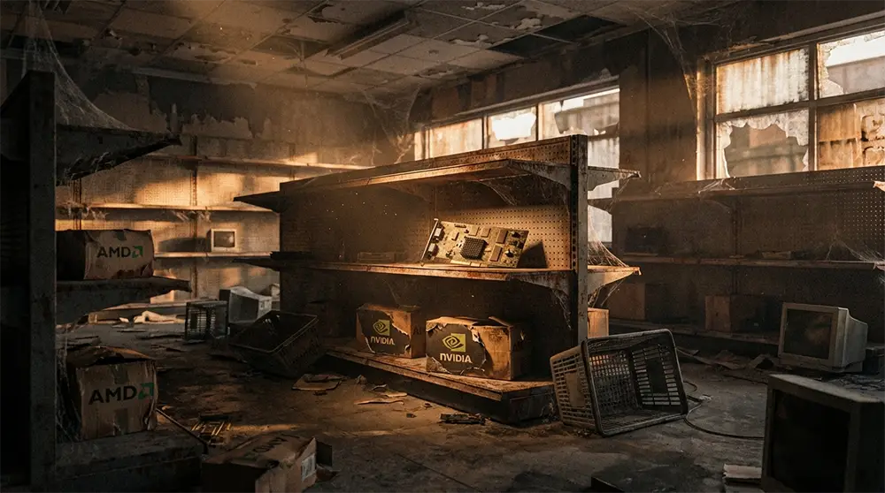 Magasin de composants informatiques abandonné avec rayons vides symbolisant la fin de l'abondance des cartes graphiques