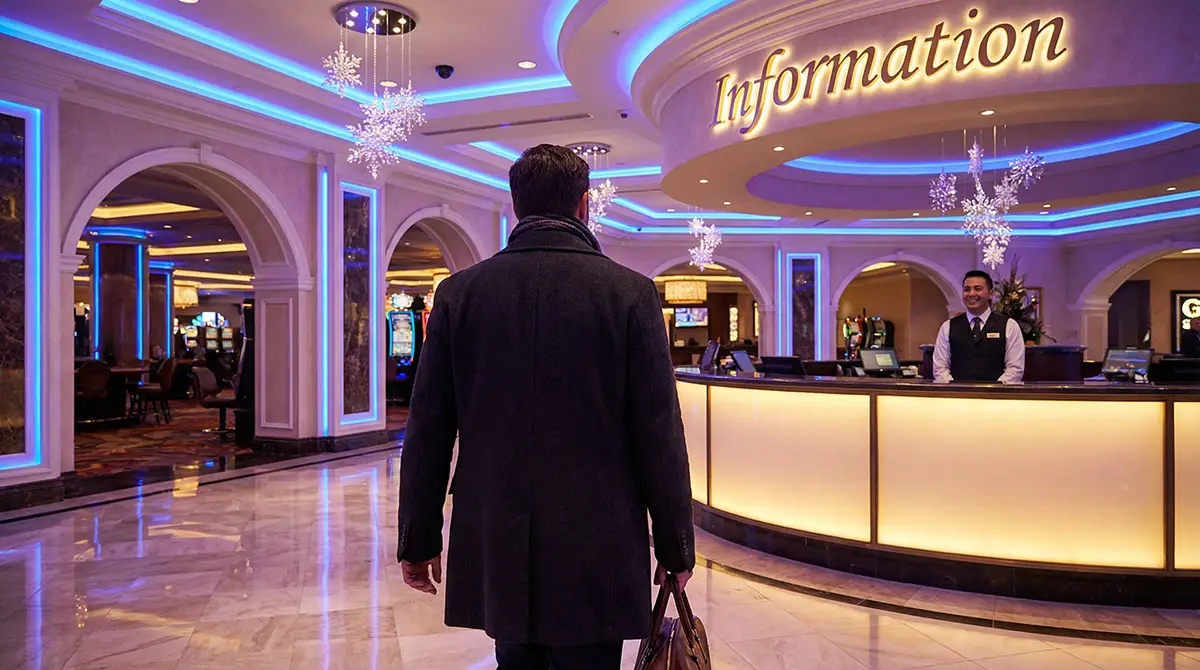 visiteur se dirigeant vers le guichet d'accueil et d'information du Casino Trueluck