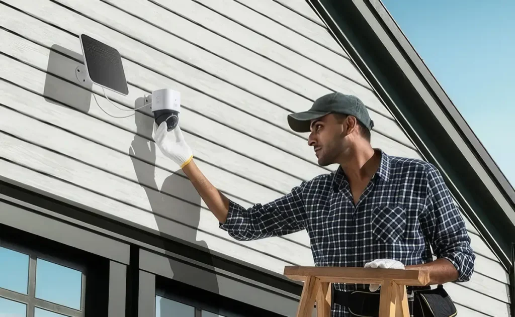 installateur en train de poser et positionner la caméra de sécurité devant la maison