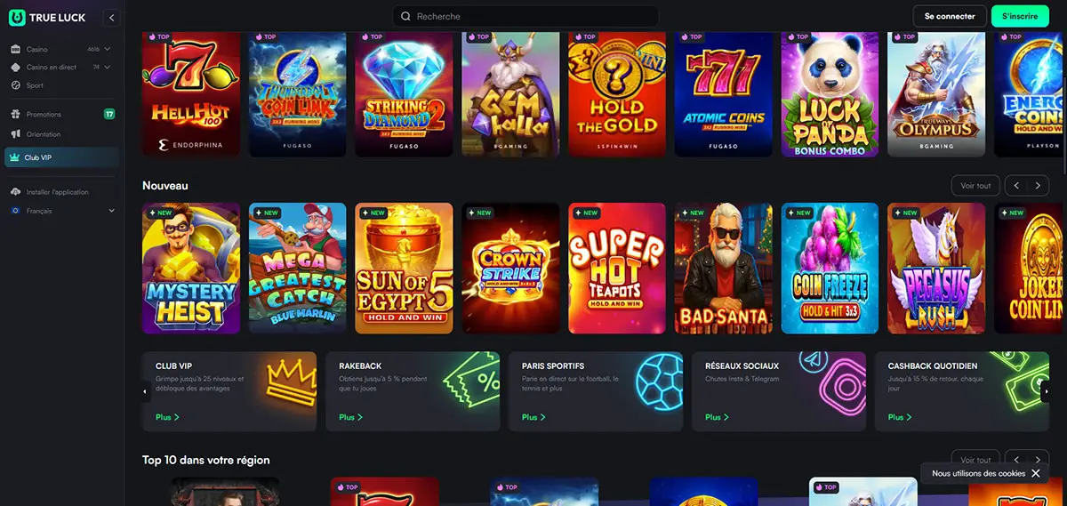 capture d'écran de la liste de jeux disponibles sur Trueluck Casino