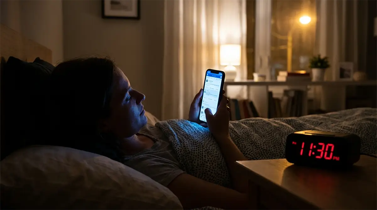 Photo d'une personne regardant son téléphone au lit dans l'obscurité, illustrant l'exposition à la lumière bleue avant le coucher qui perturbe l'endormissement