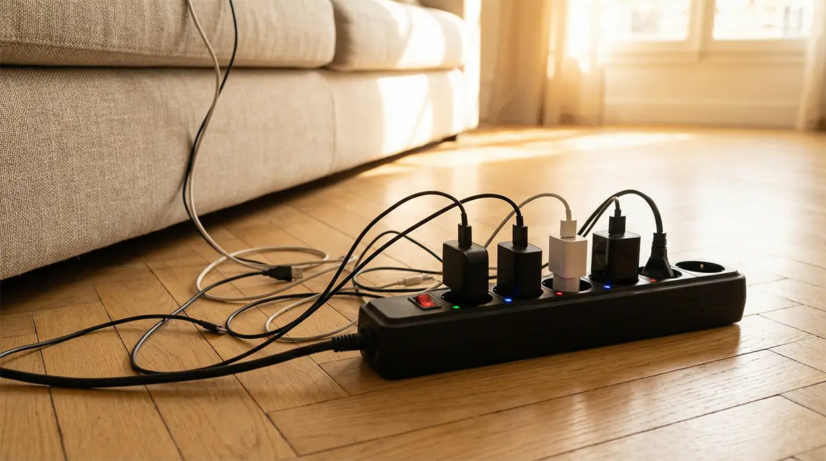 Une multiprise à interrupteur allumée, regroupant plusieurs chargeurs sur un parquet, illustrant la solution la plus simple pour couper simultanément les appareils en veille et traquer les vampires énergétiques.