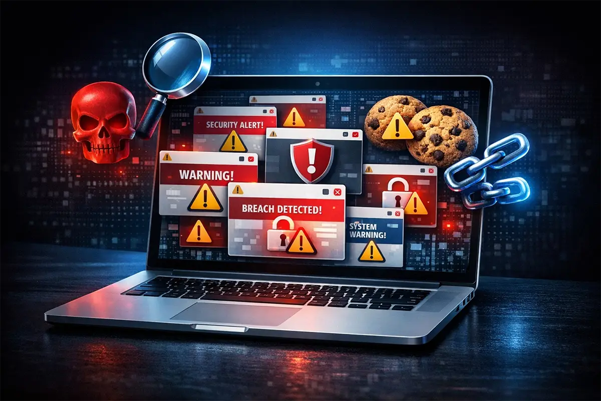 Illustration montrant des alertes de sécurité et des risques informatiques liés à l’utilisation de sites de streaming non officiels comme Purstream.