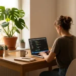 Personne travaillant sur ordinateur dans un environnement de travail moderne et lumineux symbolisant la reconversion dans les métiers du numérique sans diplôme universitaire