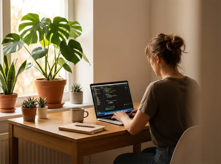 Personne travaillant sur ordinateur dans un environnement de travail moderne et lumineux symbolisant la reconversion dans les métiers du numérique sans diplôme universitaire