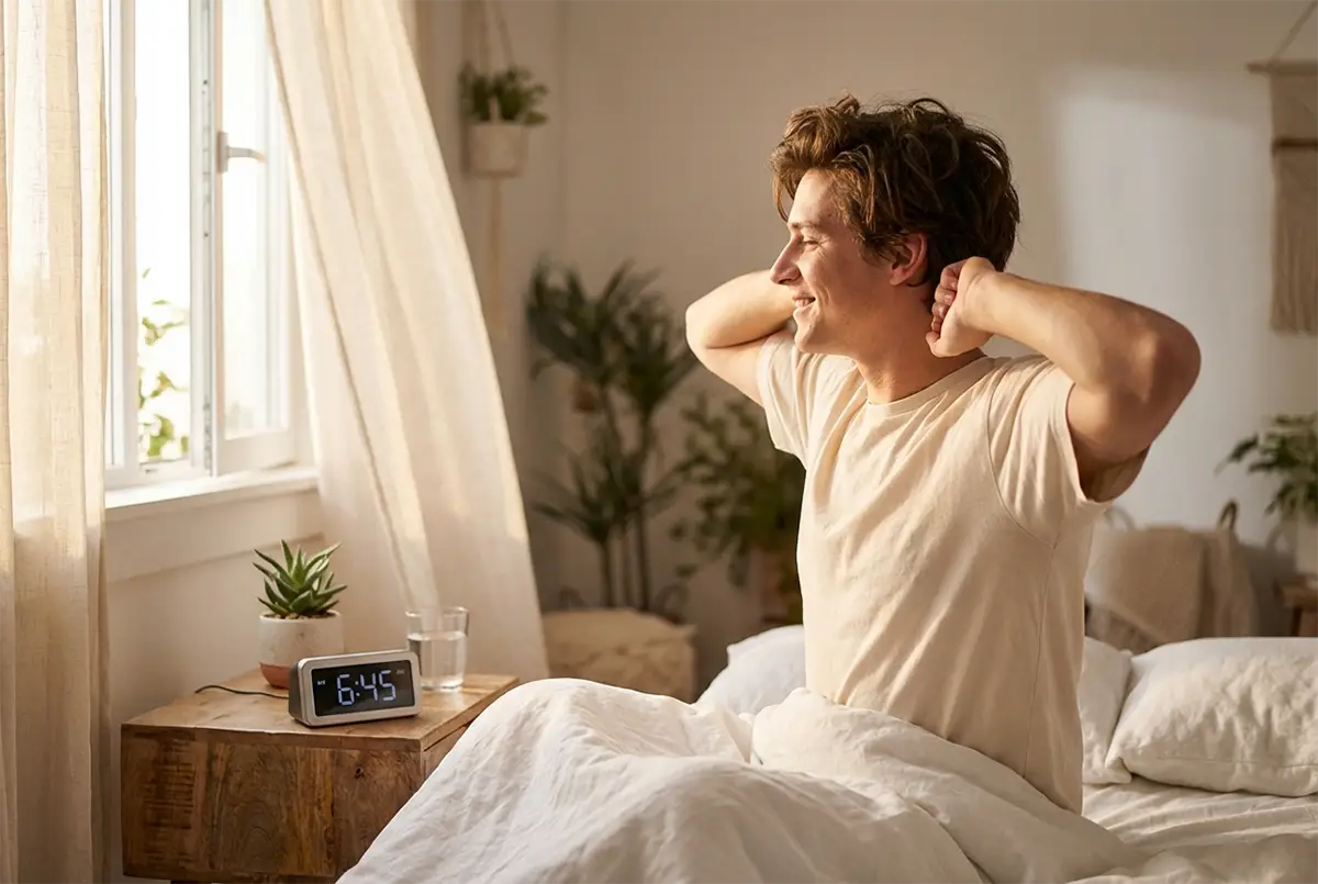 Personne se réveillant fraîche et souriante dans un lit baigné de lumière naturelle matinale, illustrant un réveil optimal après avoir respecté les cycles de sommeil