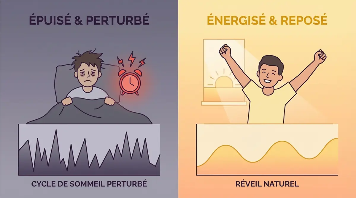 Illustration comparant un réveil difficile en plein sommeil profond avec inertie versus un réveil énergique en fin de cycle de sommeil léger