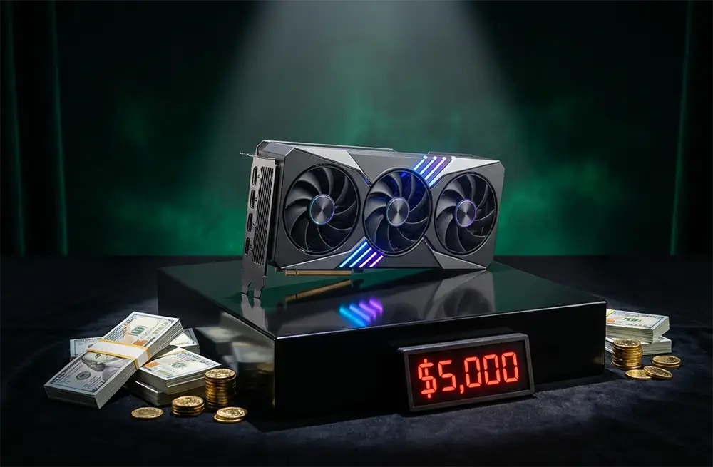 Carte graphique Nvidia RTX 5090 avec étiquette de prix de 5000 dollars illustrant la flambée des prix