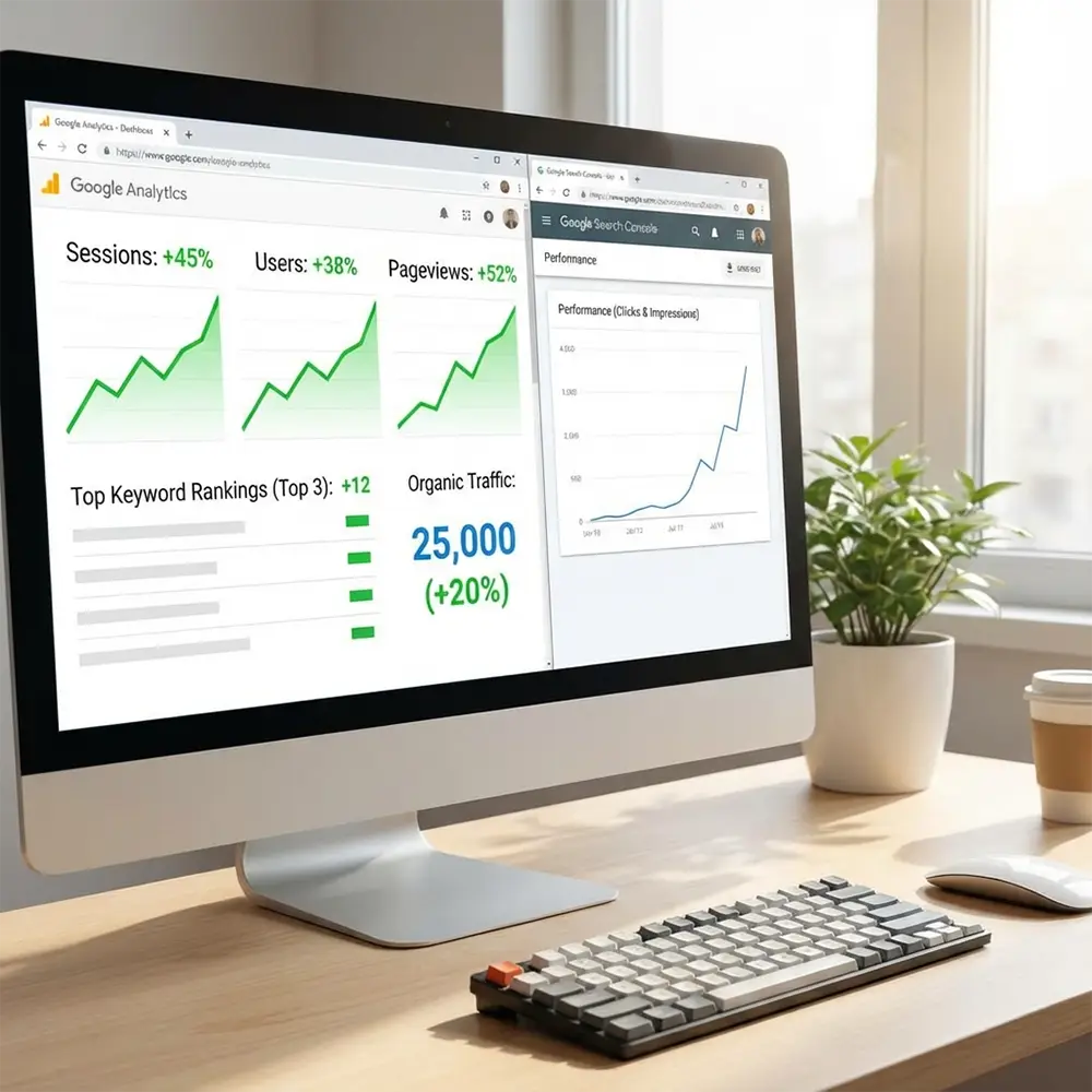 Dashboard Google Analytics montrant des courbes de trafic web en croissance illustrant le travail d'optimisation SEO et référencement naturel