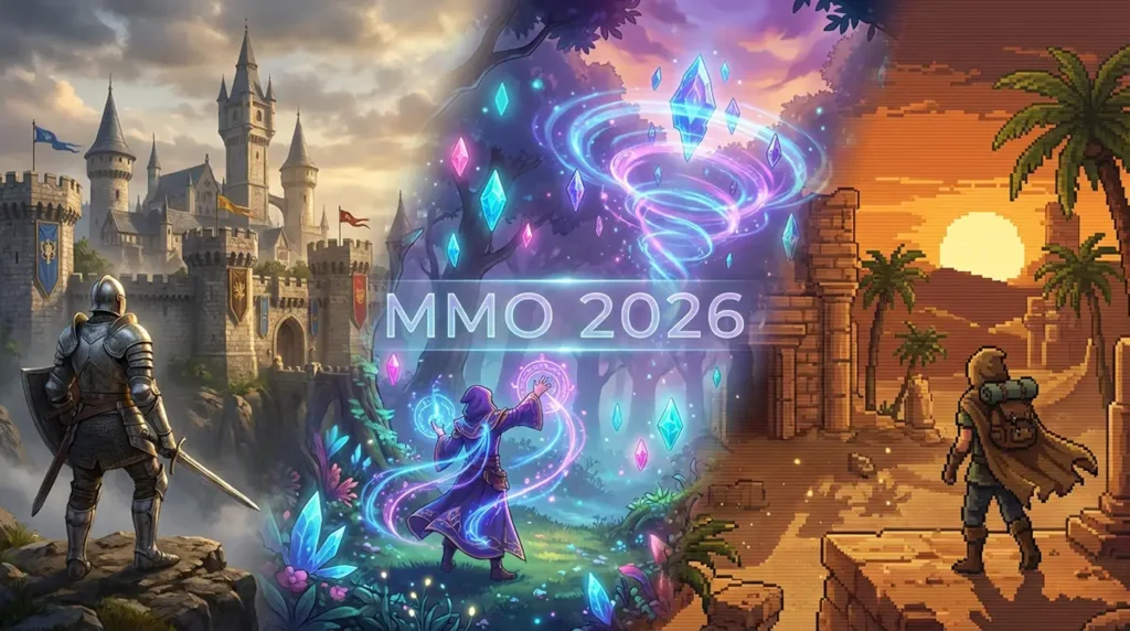 Illustration artistique regroupant les univers de WoW, FFXIV et OSRS représentant les meilleurs MMO de 2026