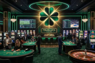 Casino Trueluck avec tables de jeux de cartes, roulettes, machines à sous, et le logo trèfle à quatre feuilles au centre
