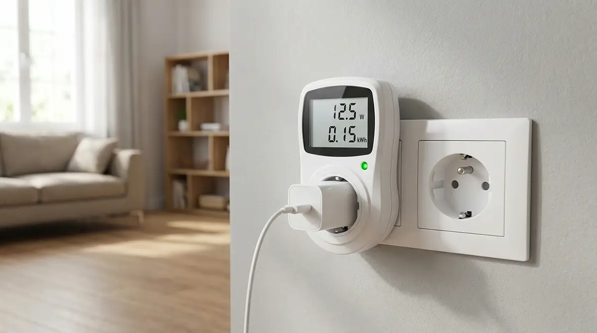 Un wattmètre branché sur une prise murale, mesurant la consommation en veille d'un chargeur pour identifier les vampires énergétiques et économiser de l'électricité.