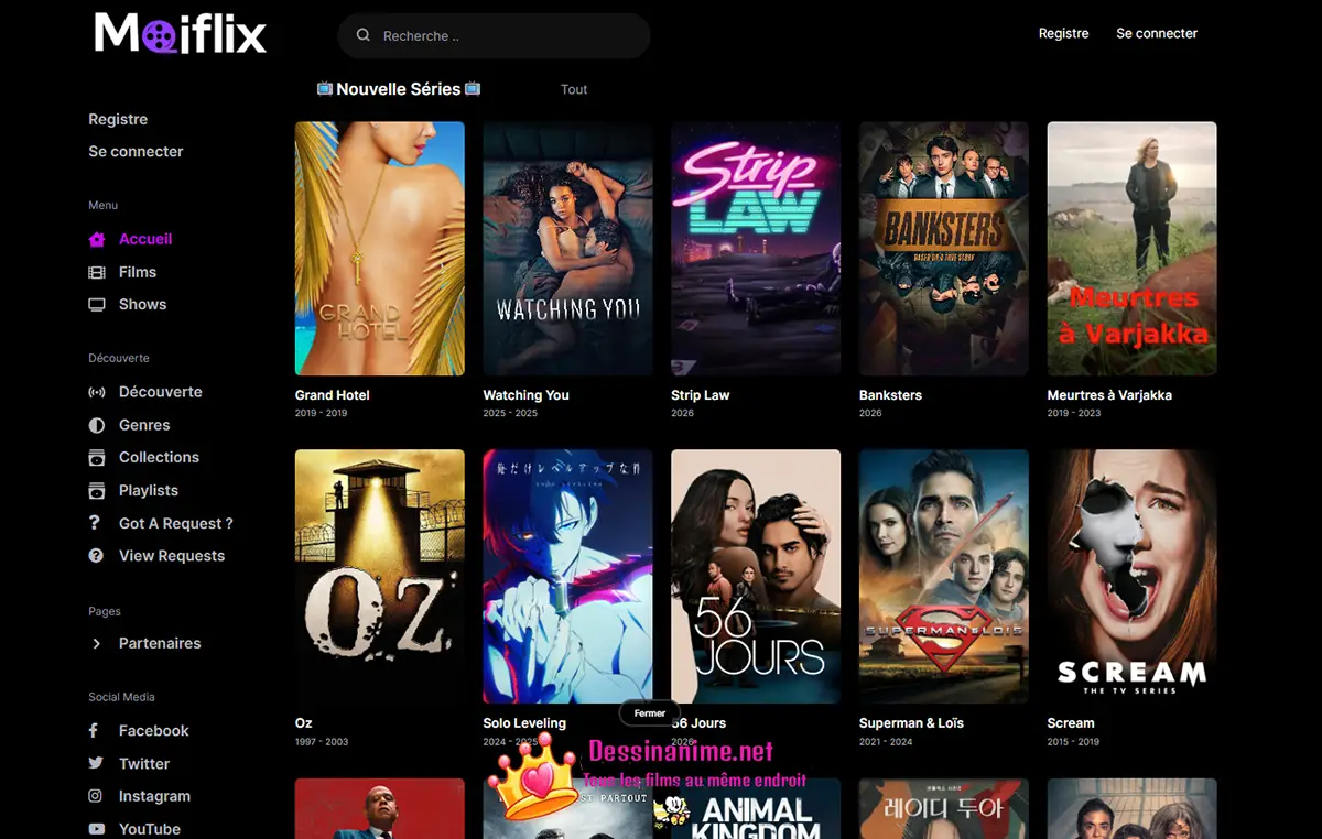 Capture d'écran de la page d'accueil de Moiflix, site de streaming gratuit
