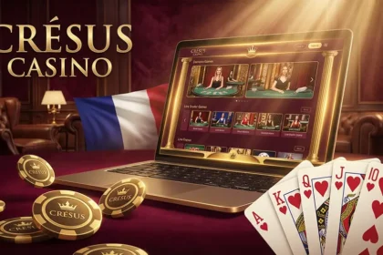 Écran d'ordinateur portable affichant l'interface du casino Cresus avec jetons dorés et cartes à jouer