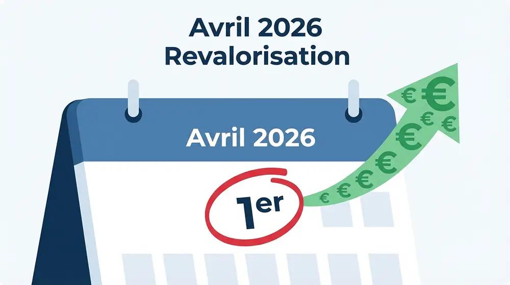 Calendrier illustrant la date du 1er avril 2026 avec symboles euros et flèche de hausse