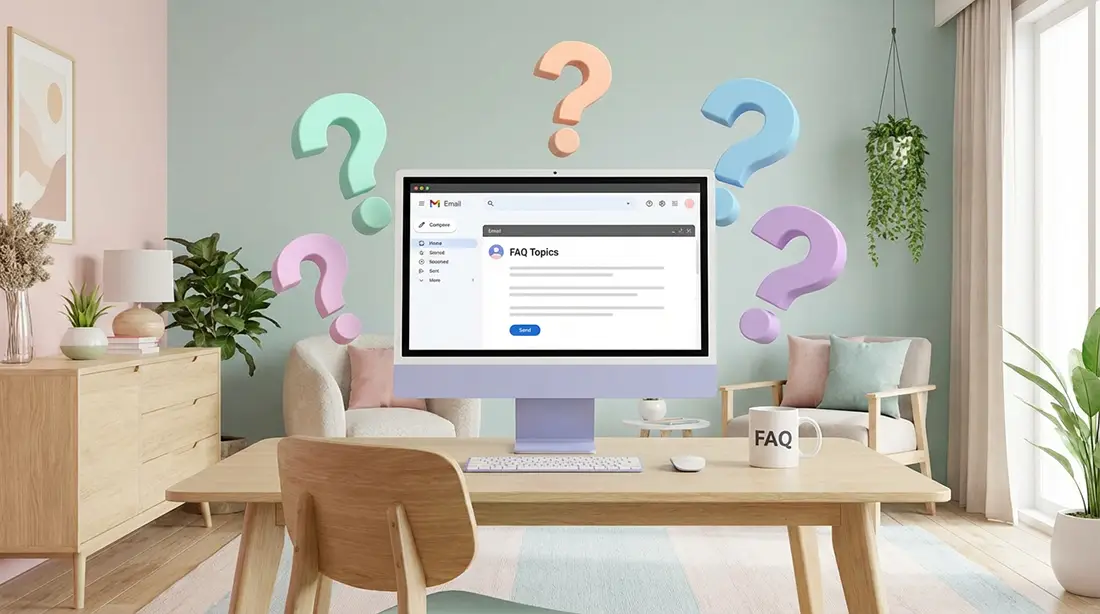 Ordinateur avec section FAQ ouverte et des points d'interrogations autour pour illustrer la FAQ sur les alternatives à bien cordialement