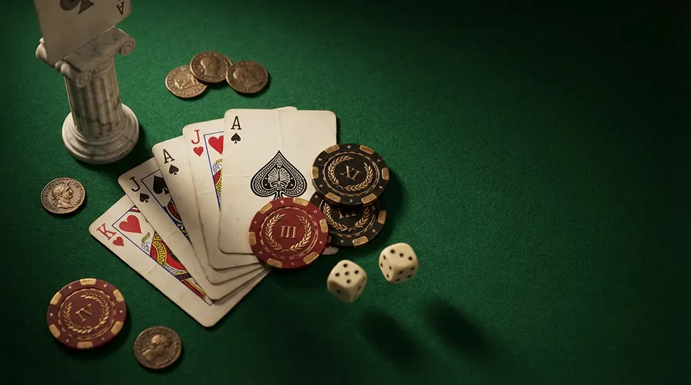 Vue rapprochée sur table de jeu vert foncé - Cartes de blackjack en éventail, jetons empilés rouge/or/noir, dés en mouvement, pièces d'or, éléments décoratifs romains