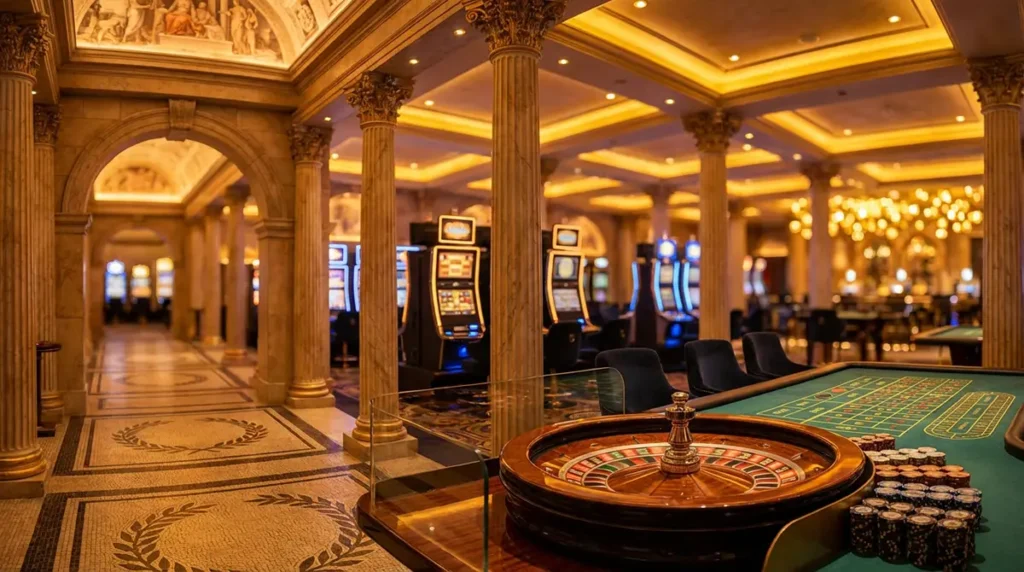 Vue d'un intérieur de casino à thème romain opulent - Colonnes de marbre, machines à sous, tables de jeu, roulette au premier plan avec jetons pour illustrer Legiano Casino