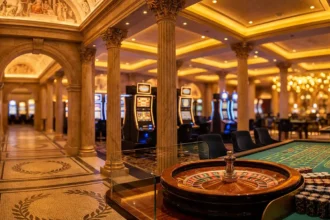 Vue d'un intérieur de casino à thème romain opulent - Colonnes de marbre, machines à sous, tables de jeu, roulette au premier plan avec jetons pour illustrer Legiano Casino