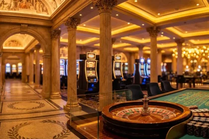 Vue d'un intérieur de casino à thème romain opulent - Colonnes de marbre, machines à sous, tables de jeu, roulette au premier plan avec jetons pour illustrer Legiano Casino