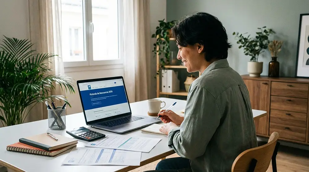 Personne consultant le site CAF avec documents et calculatrice pour vérifier plafonds ressources