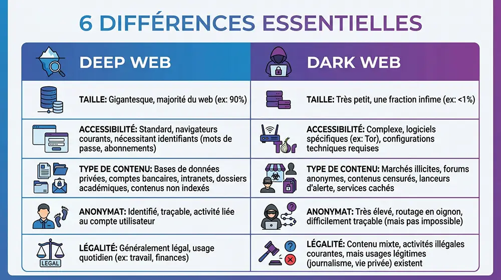 Comparaison visuelle des caractéristiques clés entre le dark web et deep web