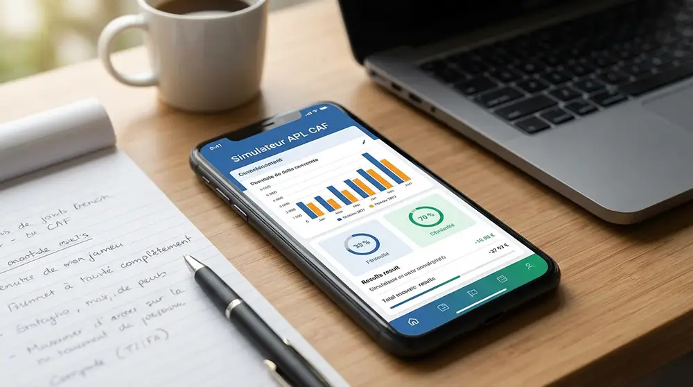 Smartphone affichant simulateur CAF avec graphiques et résultats sur bureau professionnel