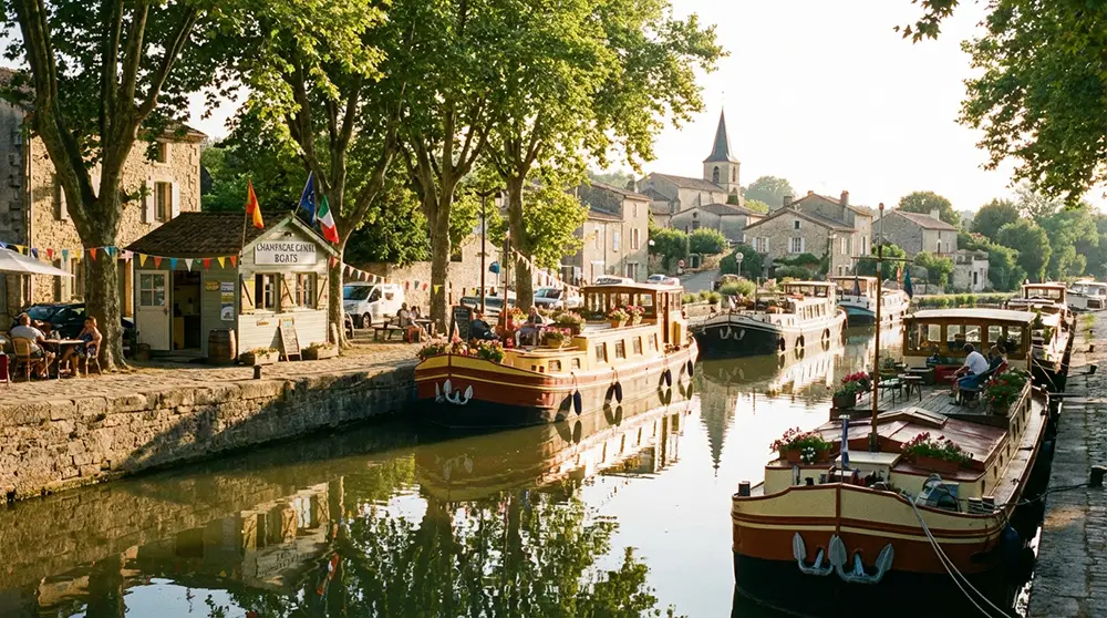 Port fluvial avec péniches amarrées à une base de location sur le canal du Midi