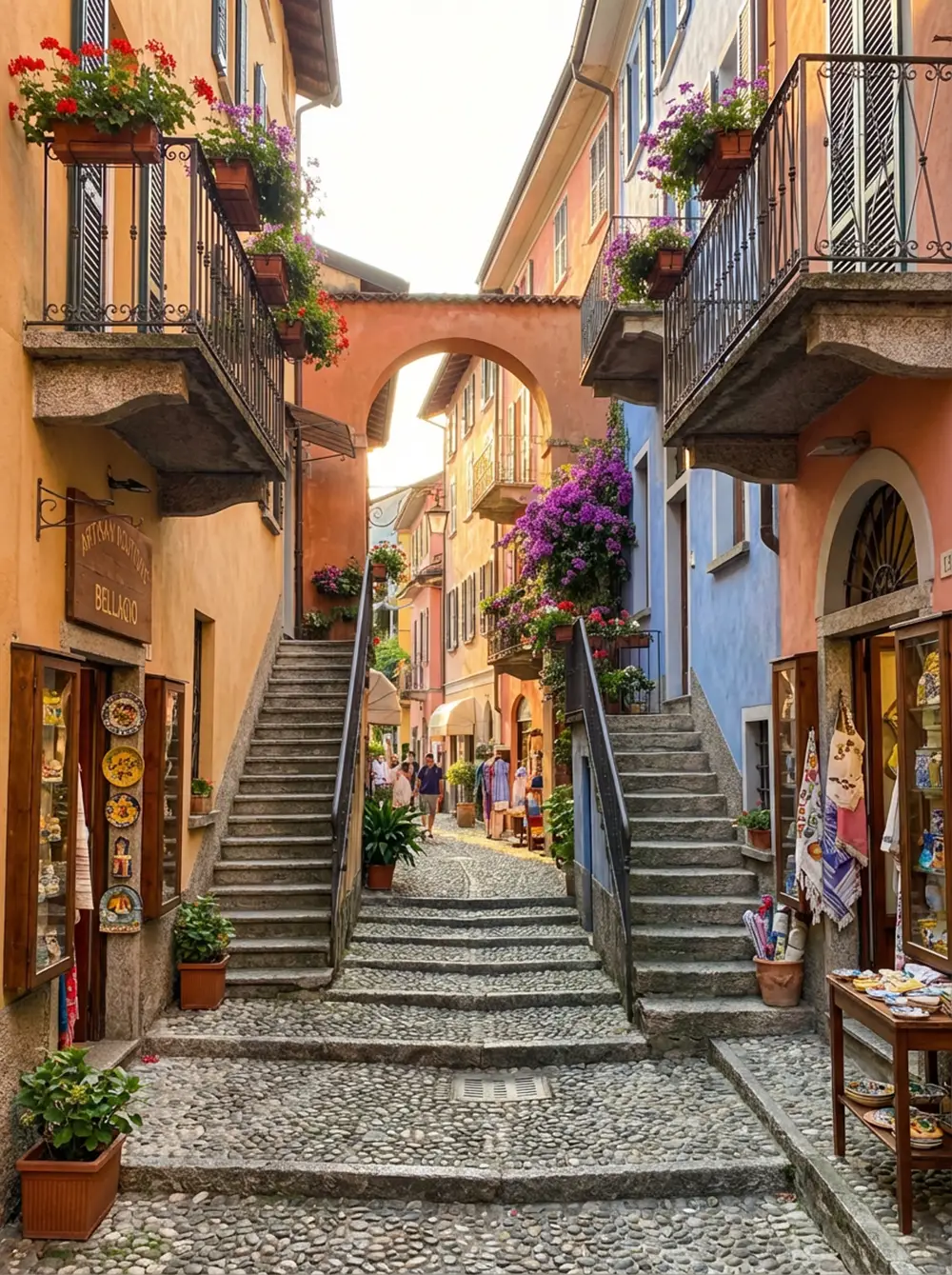 Ruelles colorées du village de Bellagio au bord du lac de Côme en Italie