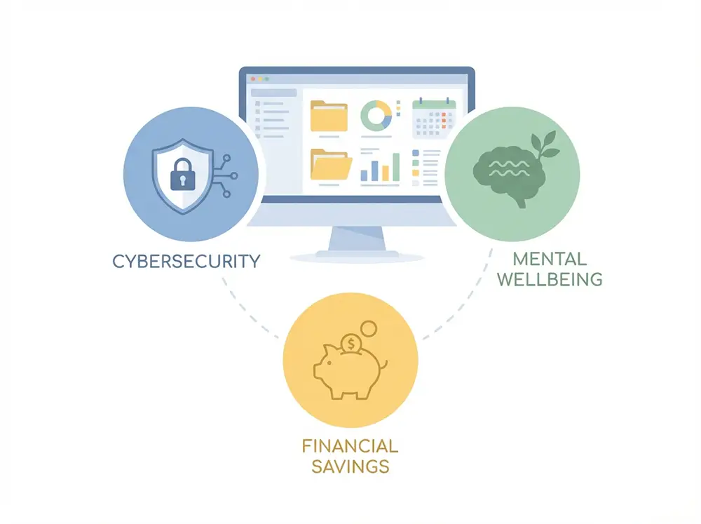 Illustration des trois bénéfices du nettoyage numérique : cybersécurité, bien-être mental et économies financières