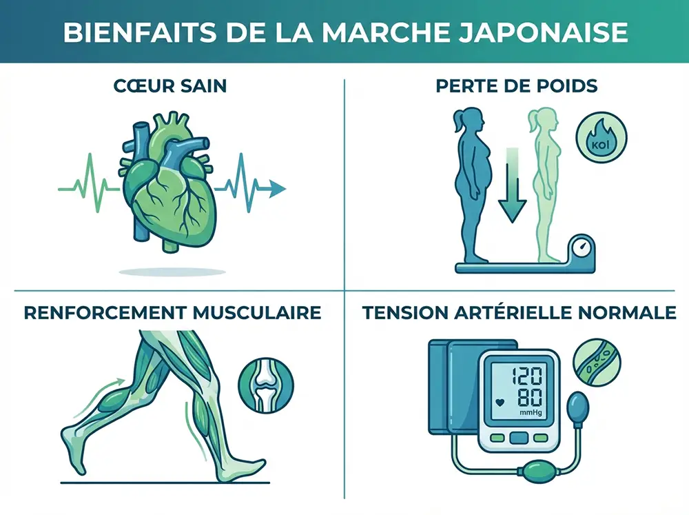 Illustration infographique médicale montrant les quatre principaux bienfaits de la marche japonaise : cœur en bonne santé, perte de poids, jambes musclées renforcées et tension artérielle normale sur tensiomètre, style visuel santé avec icônes professionnelles