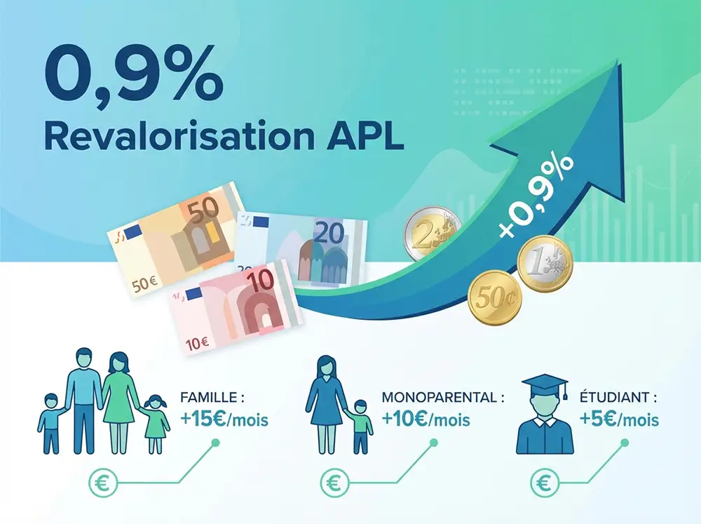 Infographie montrant la hausse de 0,9% des APL avec billets euros et graphiques