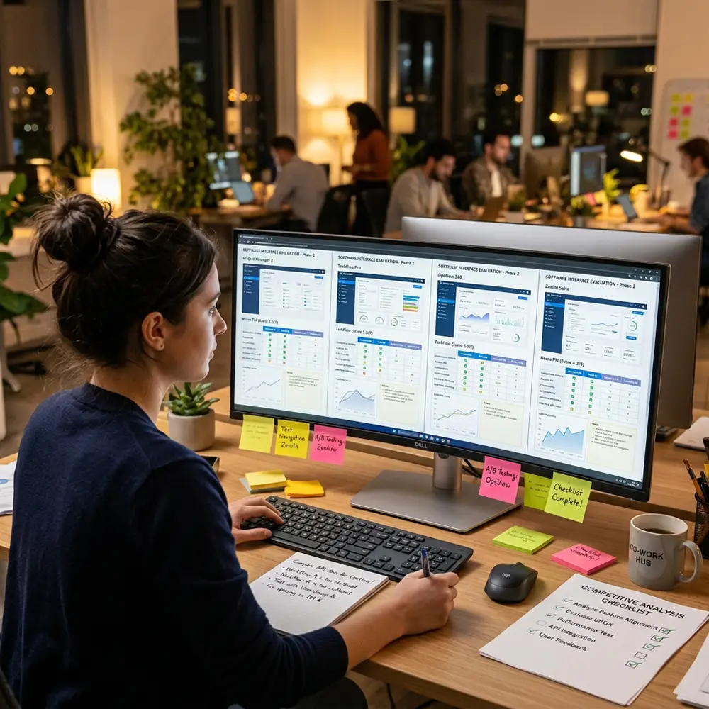 Personne comparant différents logiciels auto-entrepreneur sur un écran d'ordinateur