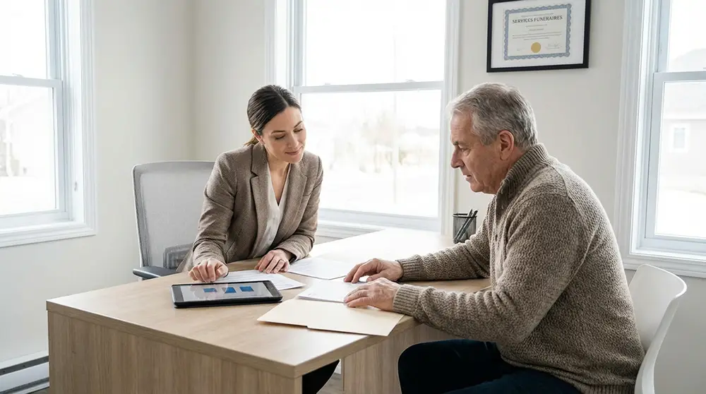 Personne échangeant avec un conseiller funéraire au sujet d'un contrat de prévoyance obsèques