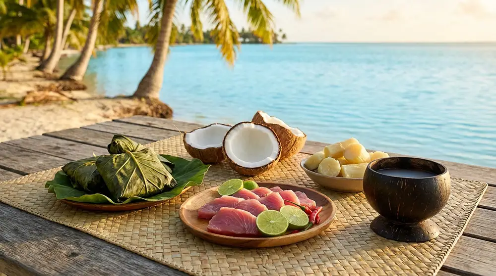 Table de repas kiribatien en bord de lagon avec palusami, sashimi de poisson frais, noix de coco et toddy
