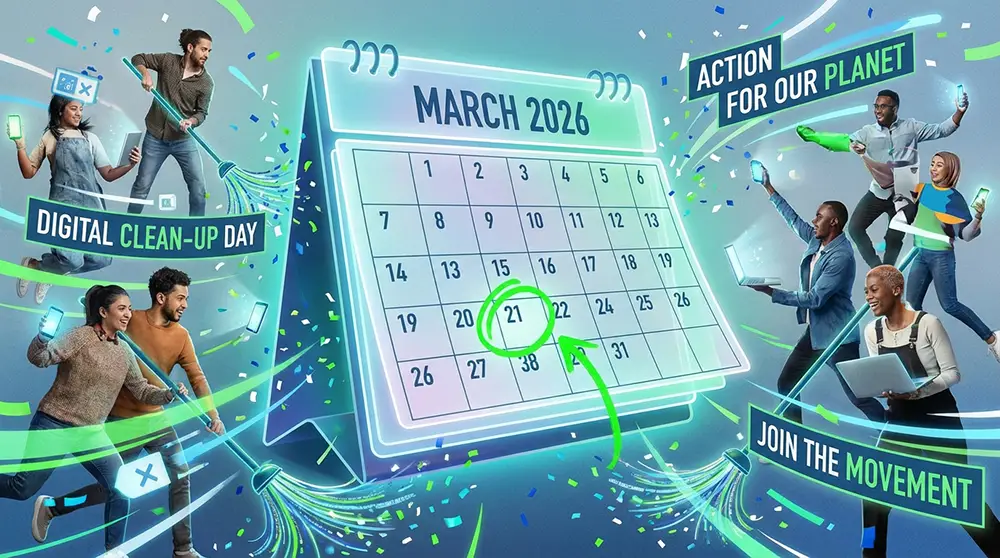 Calendrier de mars 2026 avec la date du 21 entourée et des personnes tenant des appareils numériques pour le Digital Cleanup Day