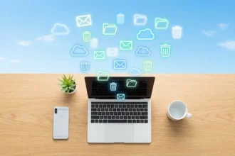 Smartphone et ordinateur portable sur un bureau avec des icônes numériques qui s'envolent, symbolisant le nettoyage numérique du Digital Cleanup Day