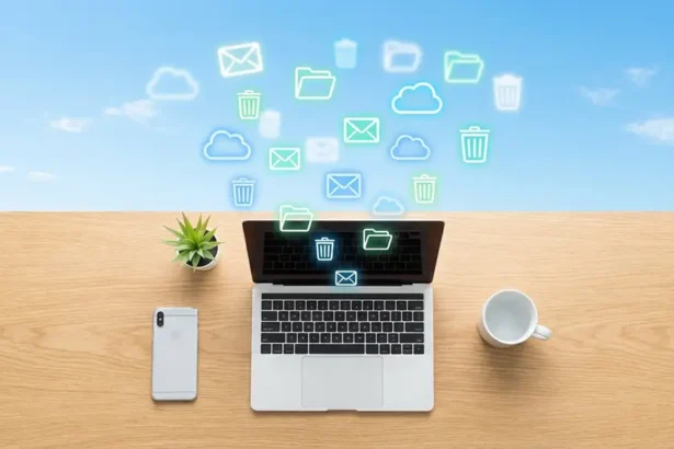 Smartphone et ordinateur portable sur un bureau avec des icônes numériques qui s'envolent, symbolisant le nettoyage numérique du Digital Cleanup Day