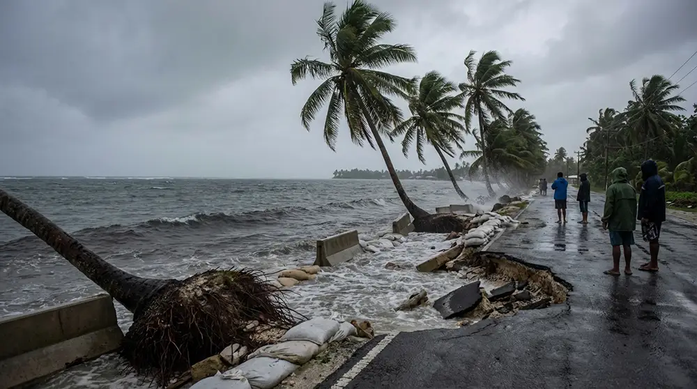 Plage érodée de Tarawa à Kiribati avec des vagues atteignant la route côtière et des palmiers fragilisés