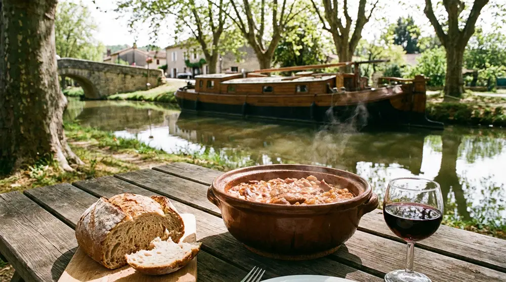 Cassoulet servi en terrasse au bord du canal du Midi à Castelnaudary avec péniche amarrée