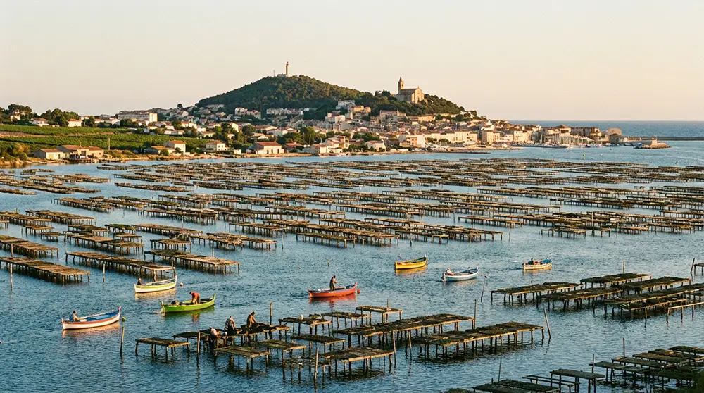 Vue panoramique de l'étang de Thau avec parcs à huîtres et la ville de Sète en arrière-plan