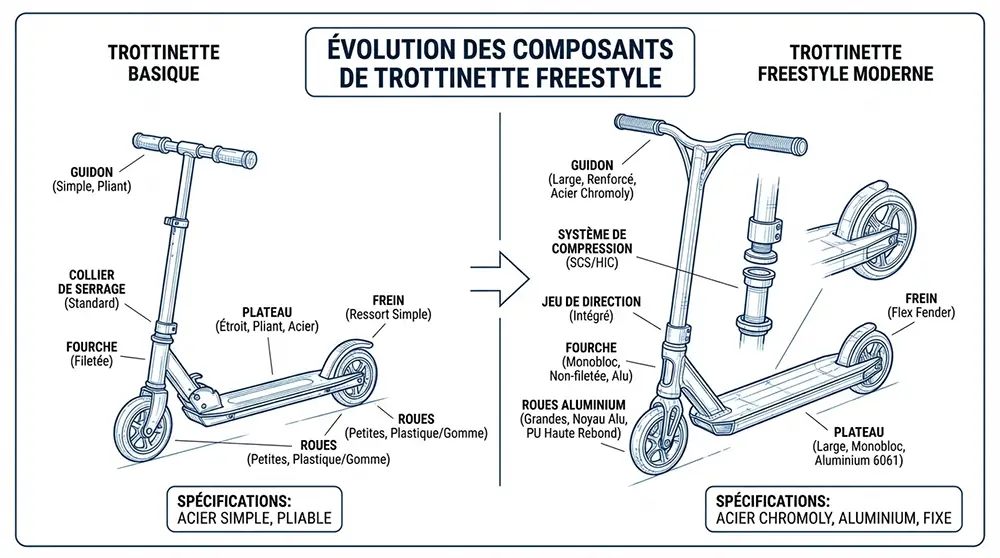 Du jouet au matériel pro : la révolution technique de la trottinette freestyle Évolution des composants de trottinette freestyle : comparaison entre modèle basique pliable et trottinette moderne avec deck monobloc aluminium, guidon chromoly et système de compression SCS