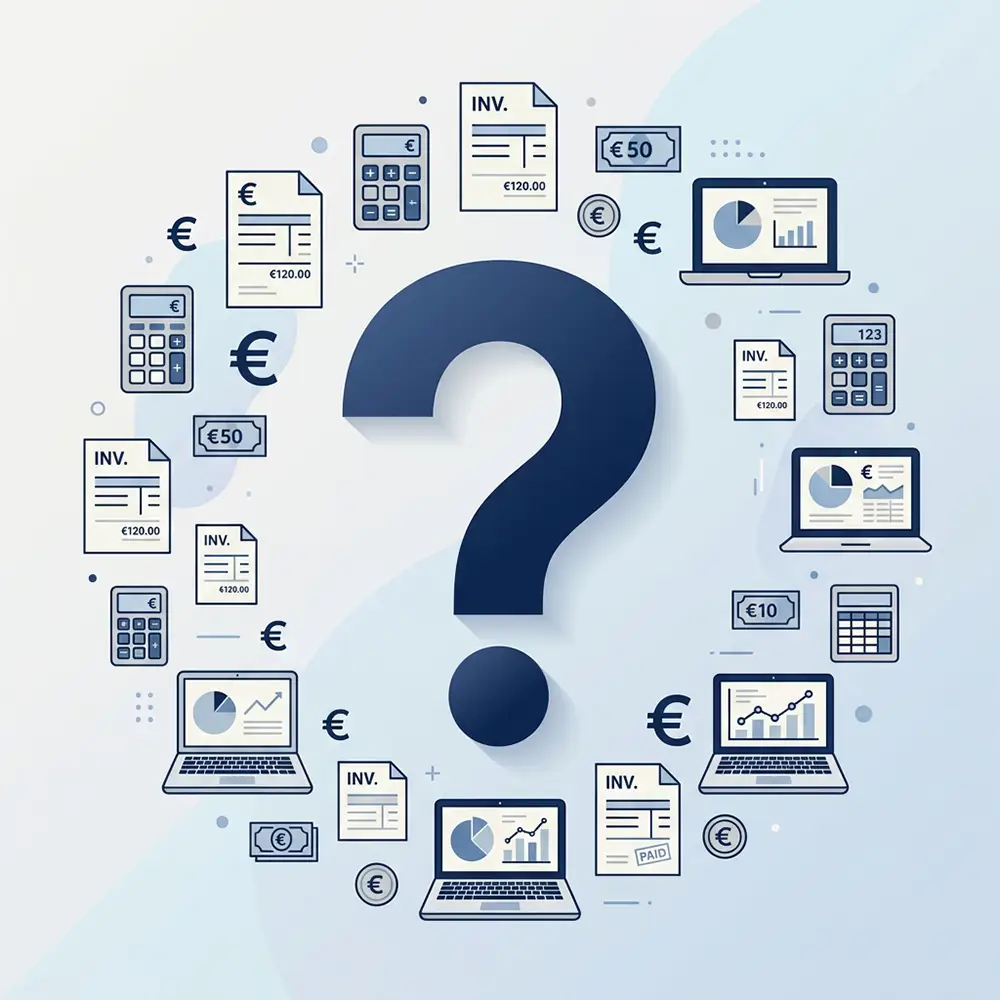 Illustration FAQ avec icônes de facturation et comptabilité pour auto-entrepreneur