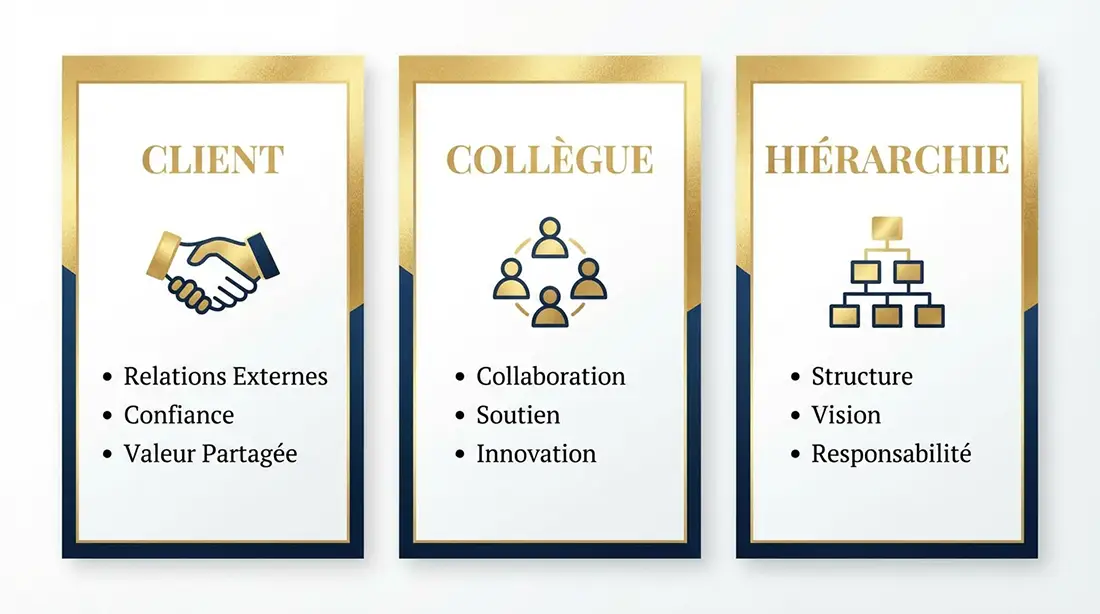 Infographie moderne et élégante montrant trois colonnes avec des icônes représentant différents contextes professionnels Comment choisir la bonne formule de politesse selon le contexte professionnel