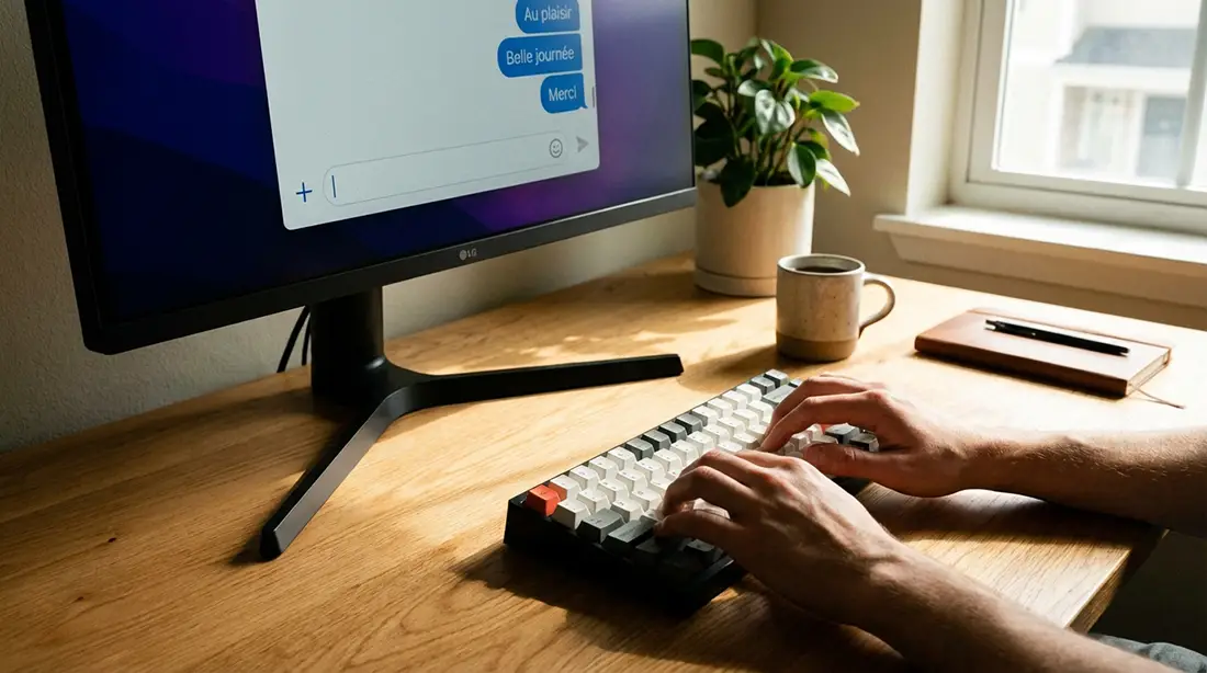 main écrivant sur un clavier d'ordinateur avec des expressions positives en français apparaissant à l'écran ("Au plaisir", "Belle journée", "Merci"),
