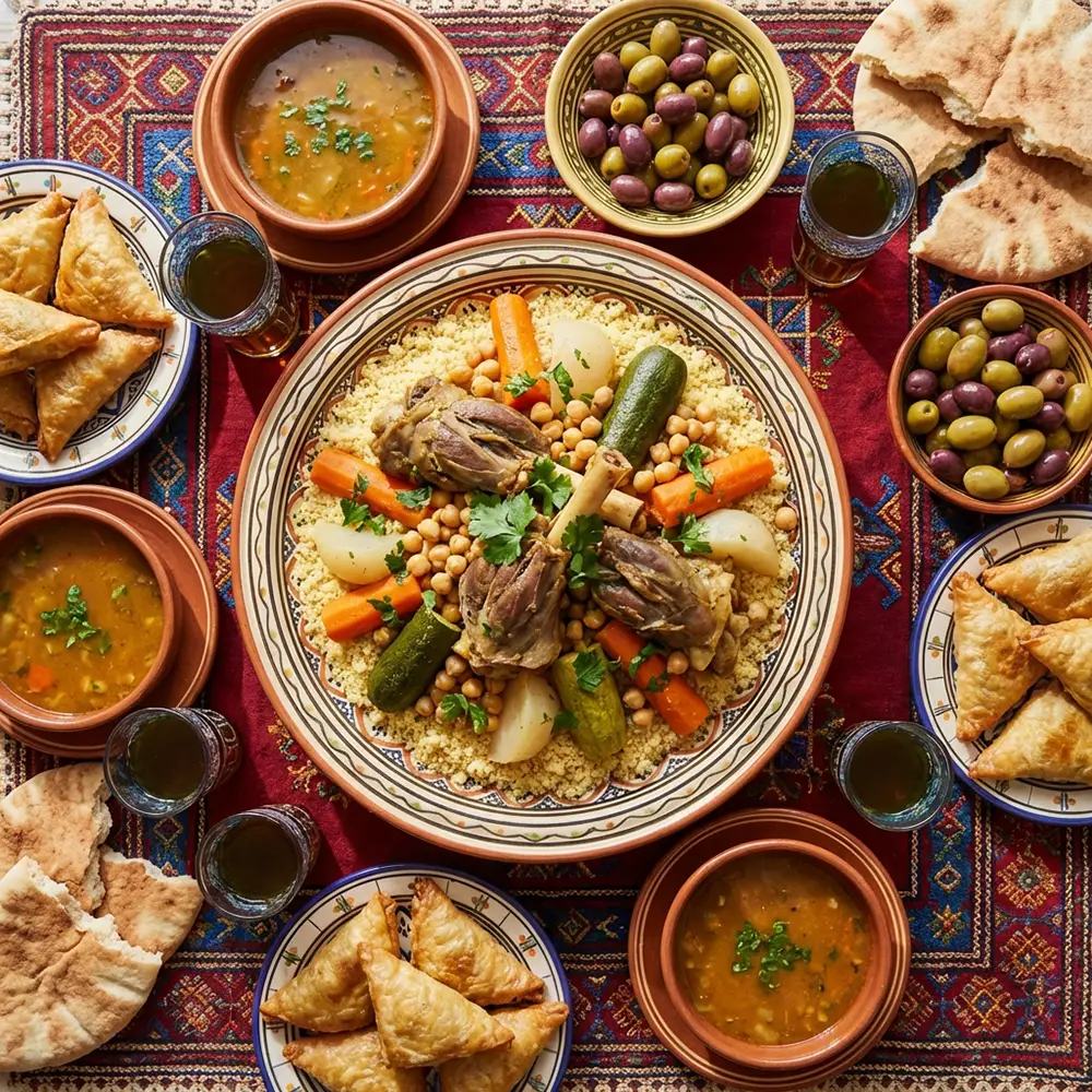 Table algérienne vue de dessus avec couscous, chorba, bourek et pain traditionnel