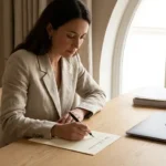 Femme rédigeant une lettre de recommandation à son bureau