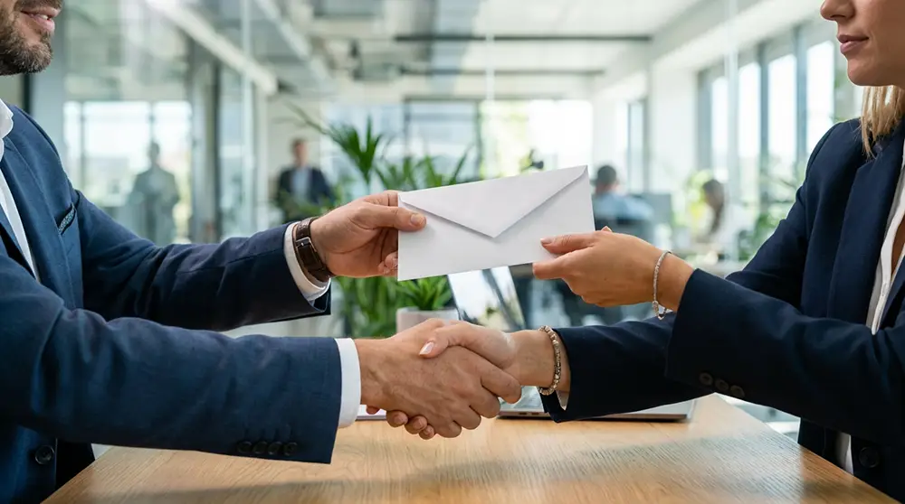 Deux professionnels s'échangeant une lettre de recommandation