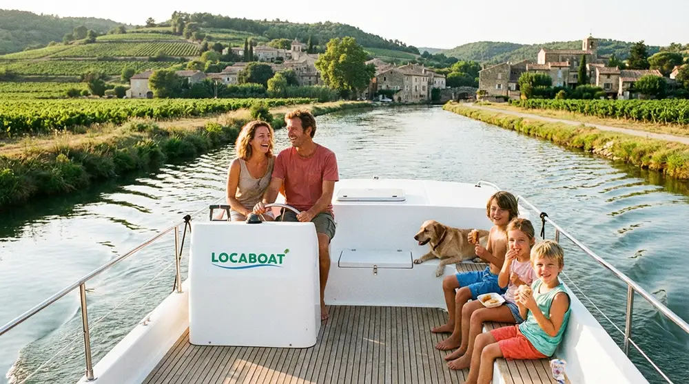 Famille à bord d'un bateau habitable sans permis naviguant sur le canal du Midi