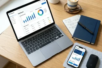 Bureau moderne avec ordinateur portable affichant un logiciel de facturation auto-entrepreneur